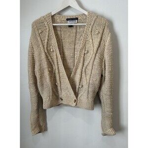 Leon Max Sakowits 100% Wool Knit Unique Wrap Sweater Cardigan Beige Women Medium